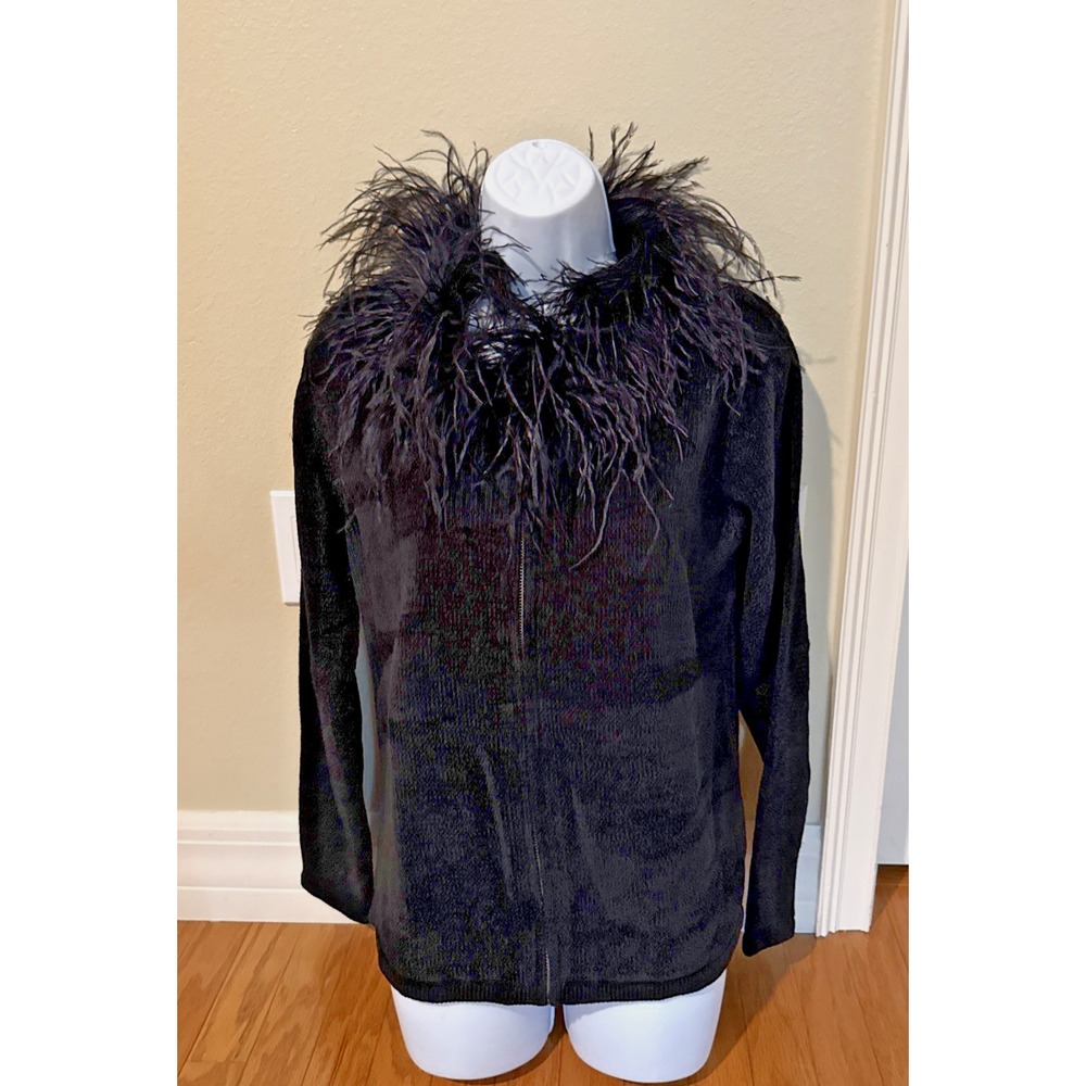 VTG 80s Black Velour Full Zip Sz S Detachable Feather Collar Goth Mob Wife
